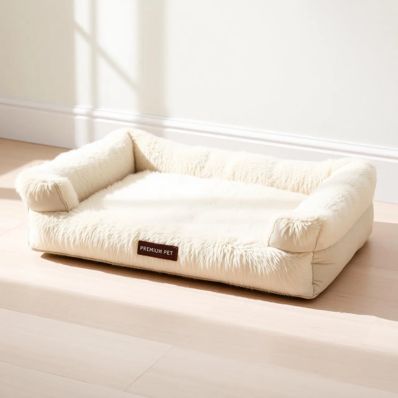 Ivory calming faux-fur dog bed with raised edges