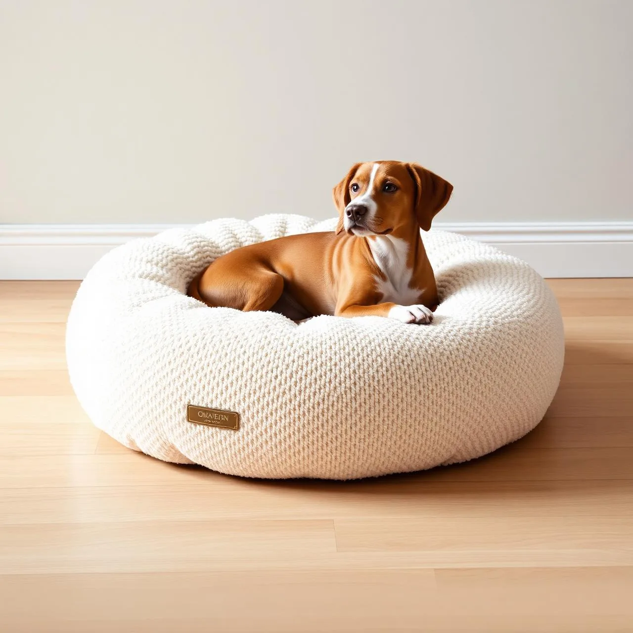 Cream bouclé donut dog bed on a wood floor