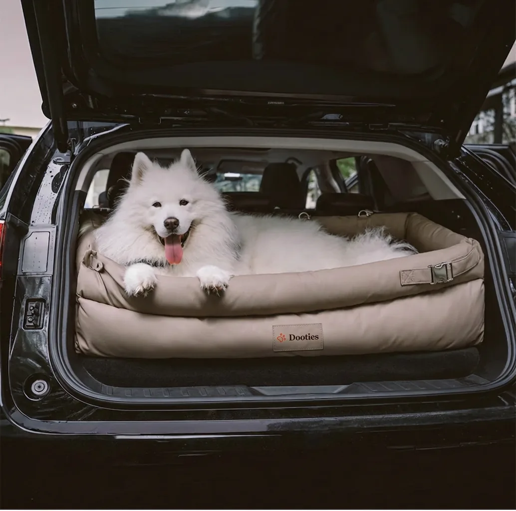 Samoyed in khaki dog booster bed in SUV trunk