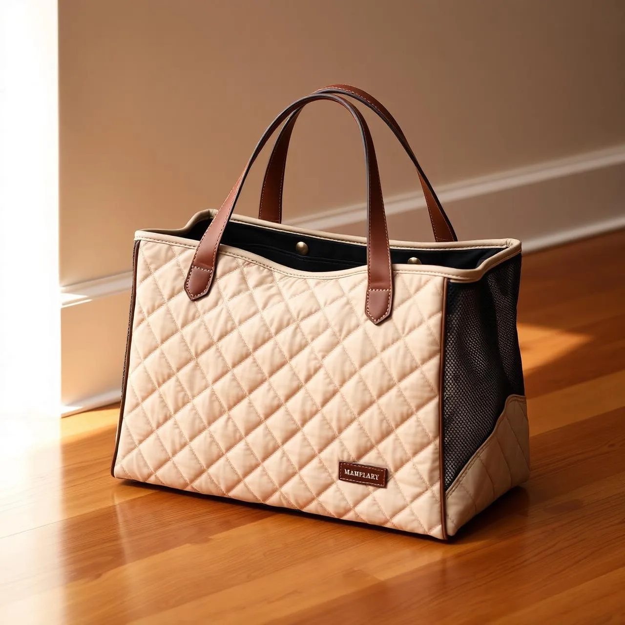 Quilted cream soft-sided pet carrier tote with leather handles