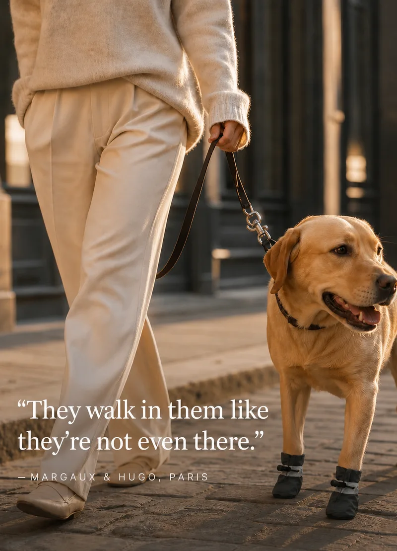 Woman in Paris walking a yellow Labrador wearing black Dooties booties