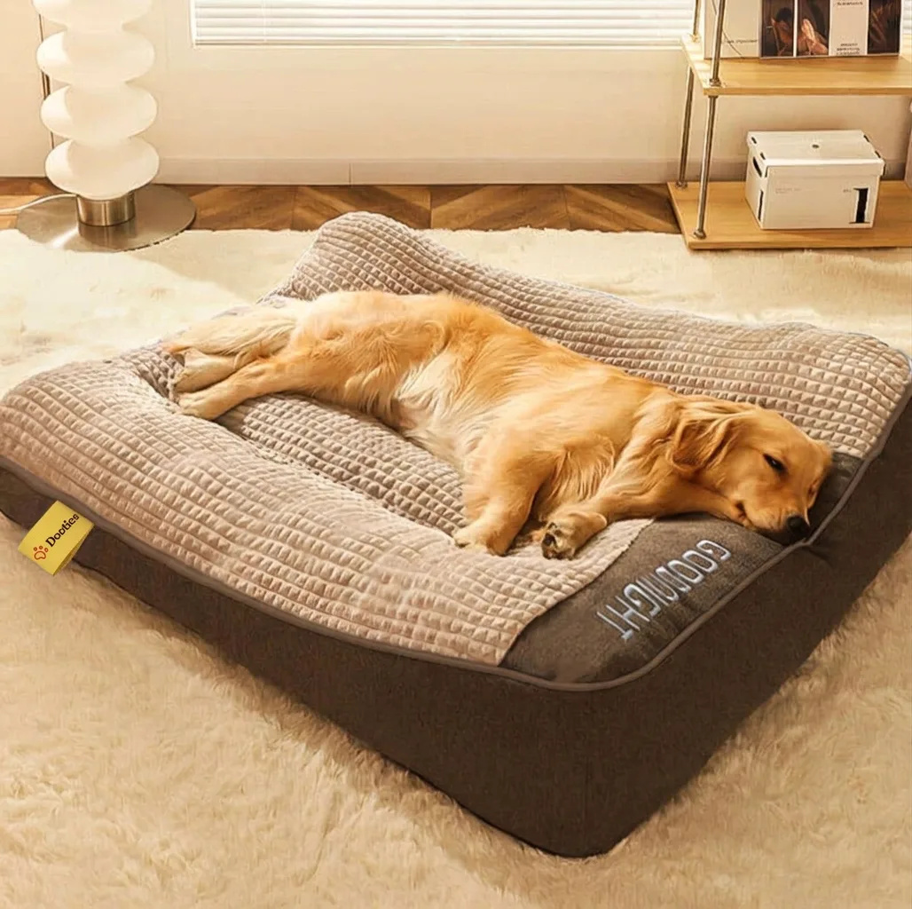Orthopedic memory foam dog bed with Dooties side tag