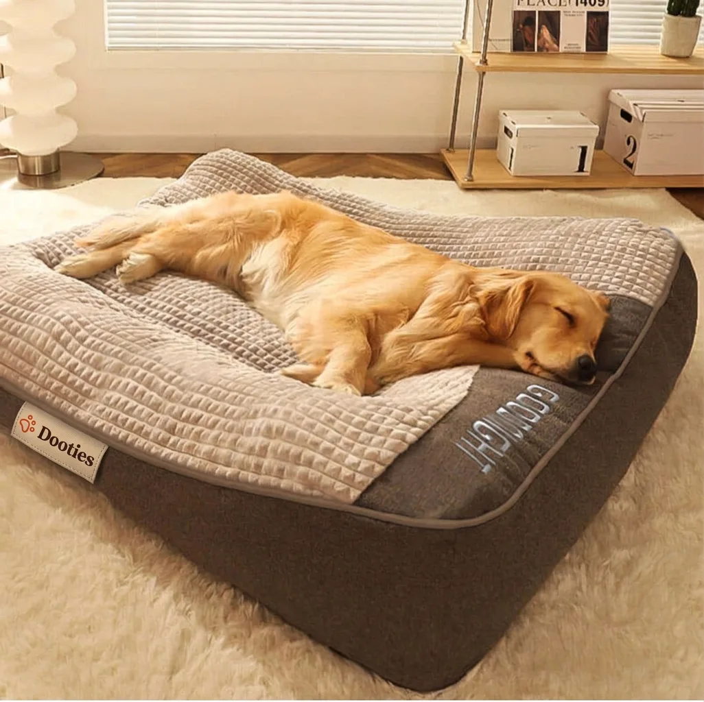 Gray orthopedic dog bed with yellow Dooties tag