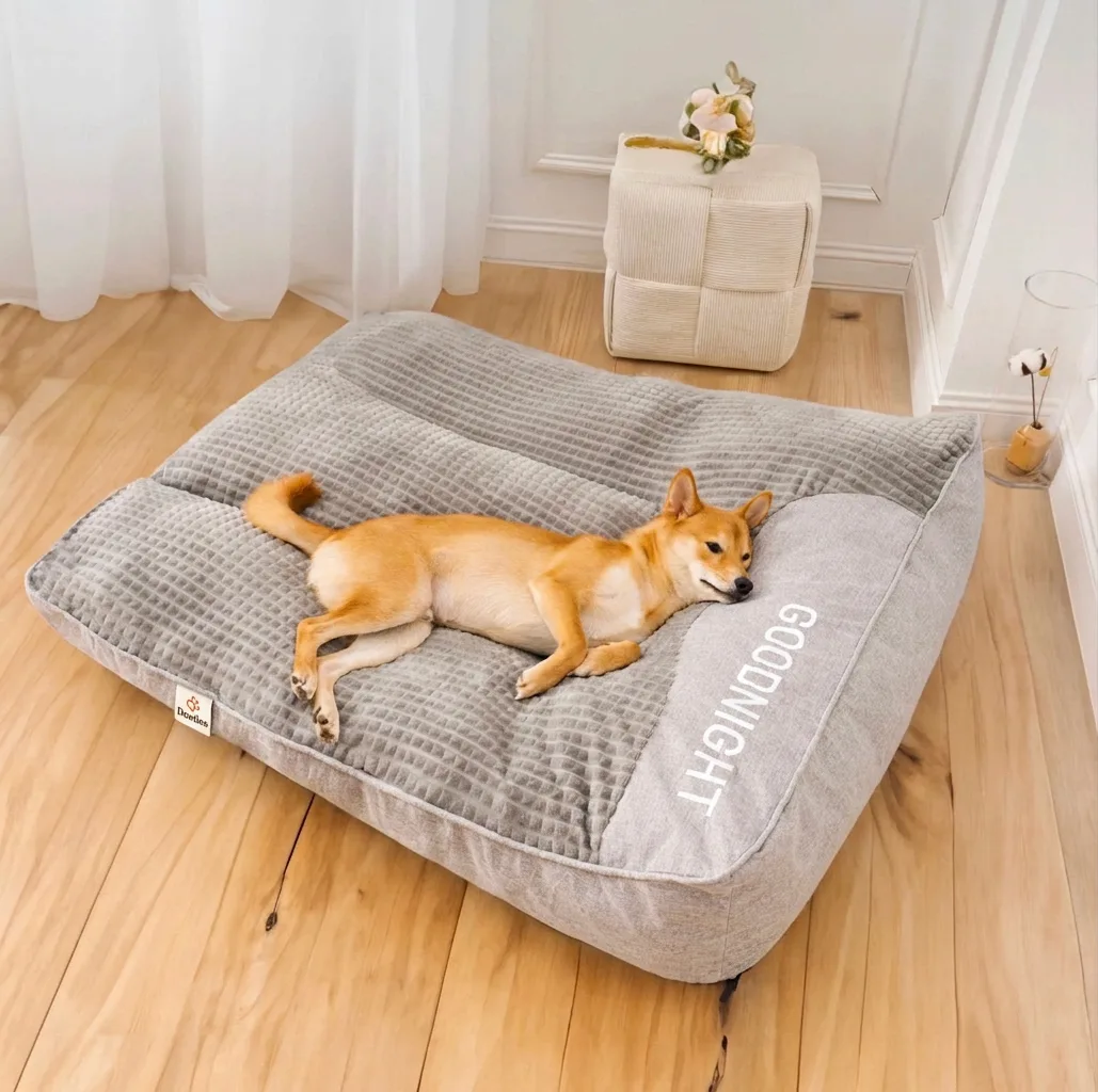 Shiba resting on orthopedic dog bed with Dooties yellow tag