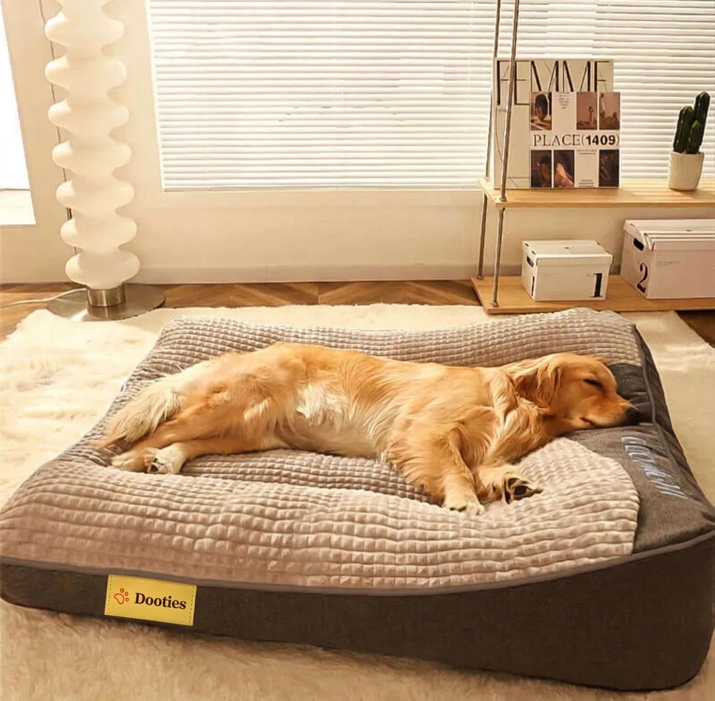 Golden retriever resting on orthopedic memory foam dog bed with Dooties tag
