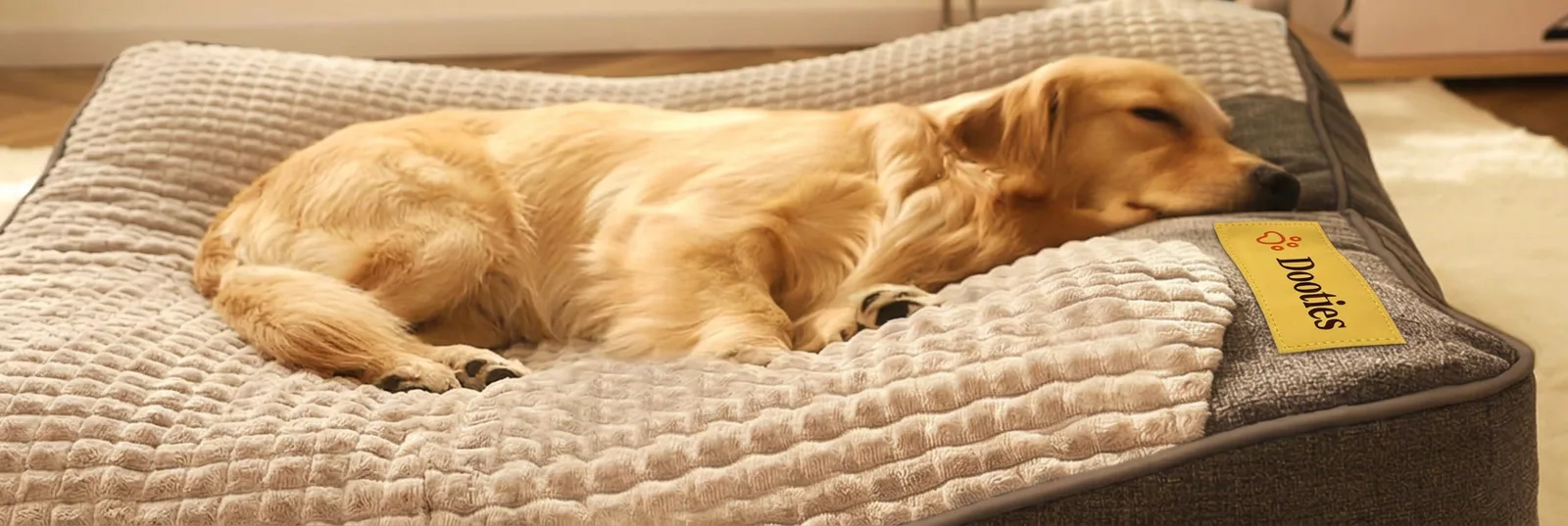 Close-up of orthopedic dog bed with Dooties yellow fabric tag