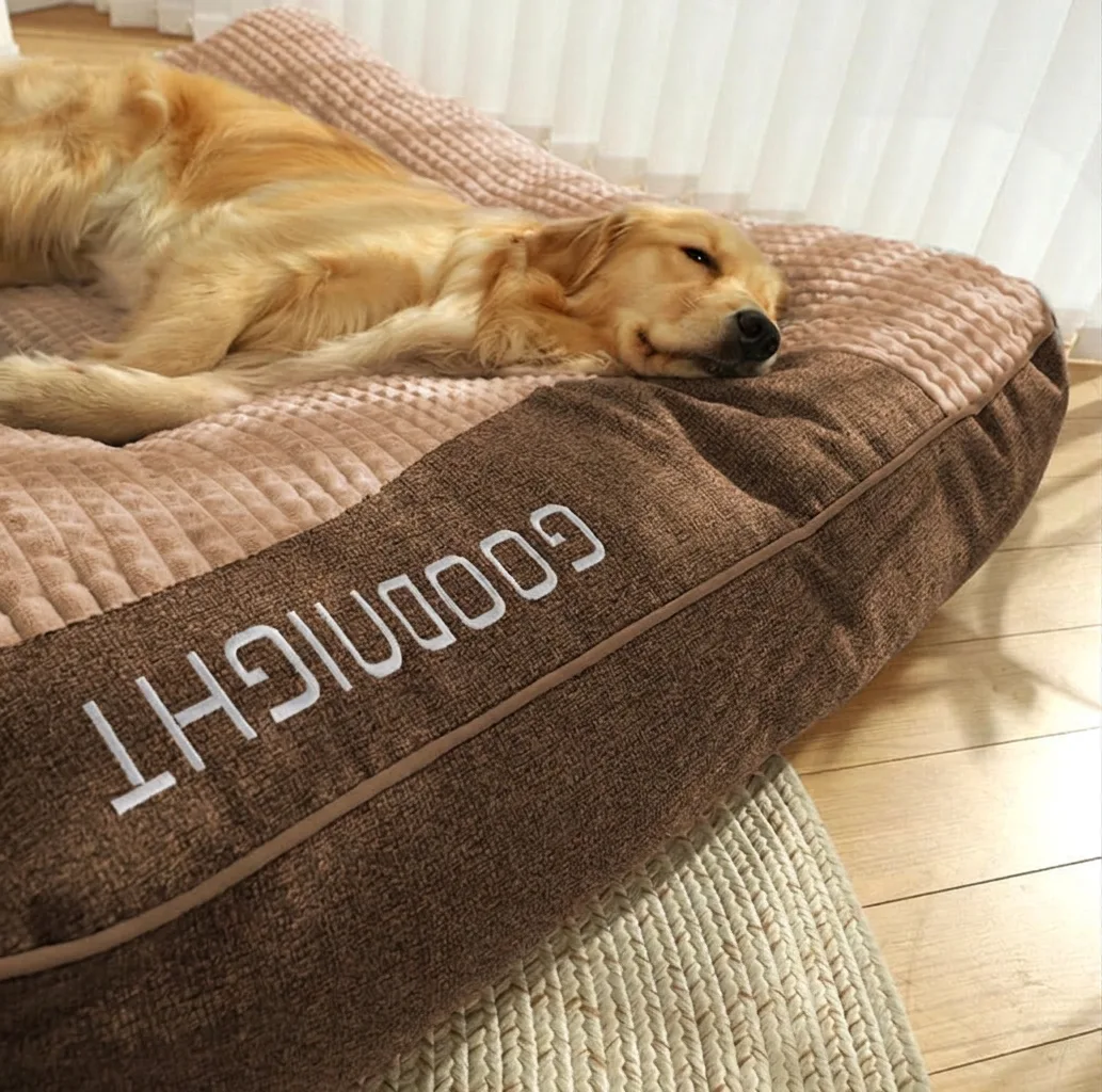 Golden retriever on orthopedic dog bed with Dooties fabric tag