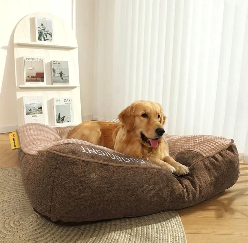 Gray orthopedic dog bed with Dooties side tag