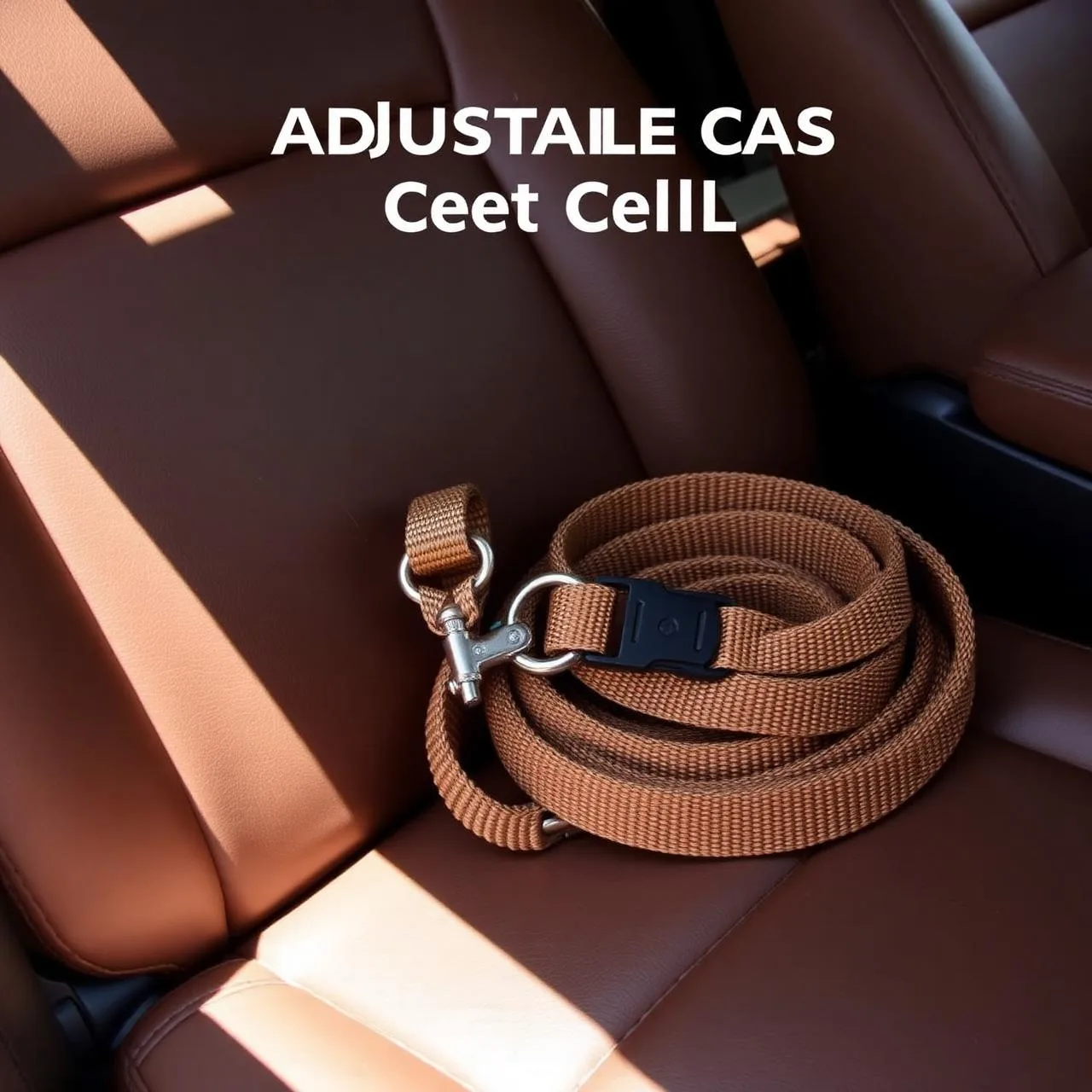 Tan adjustable dog car seat belt tether on a leather car seat
