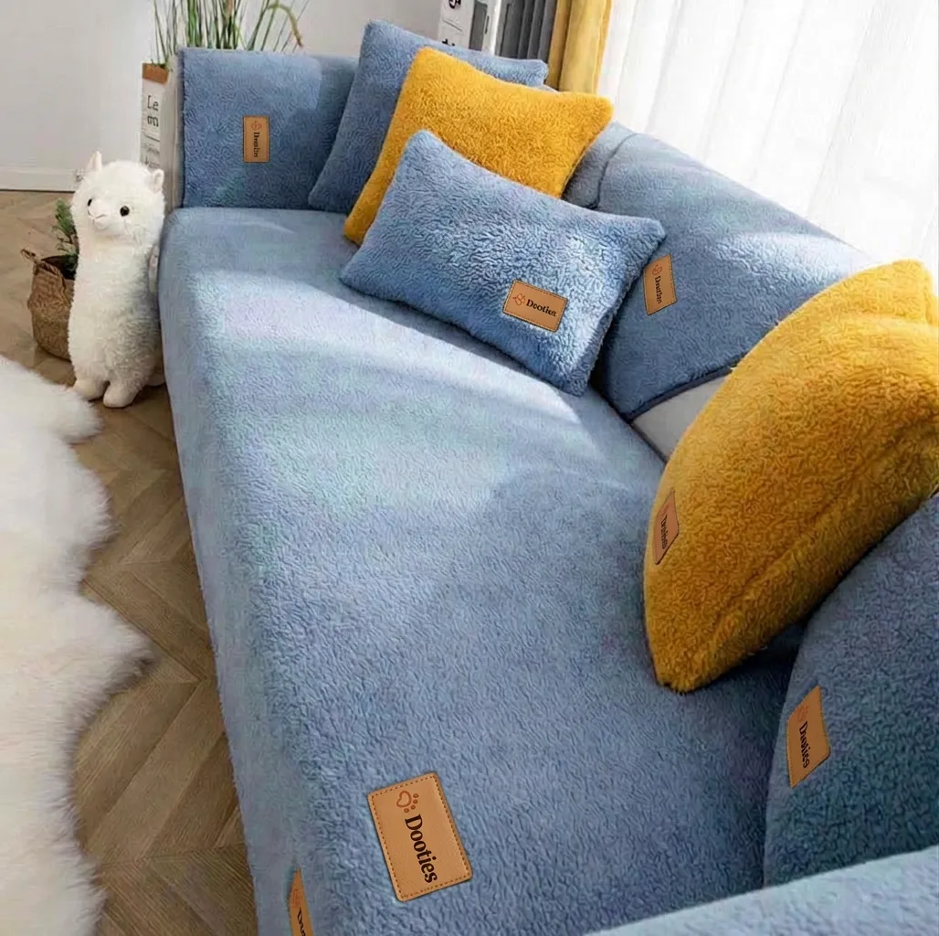 Blue couch cover close-up