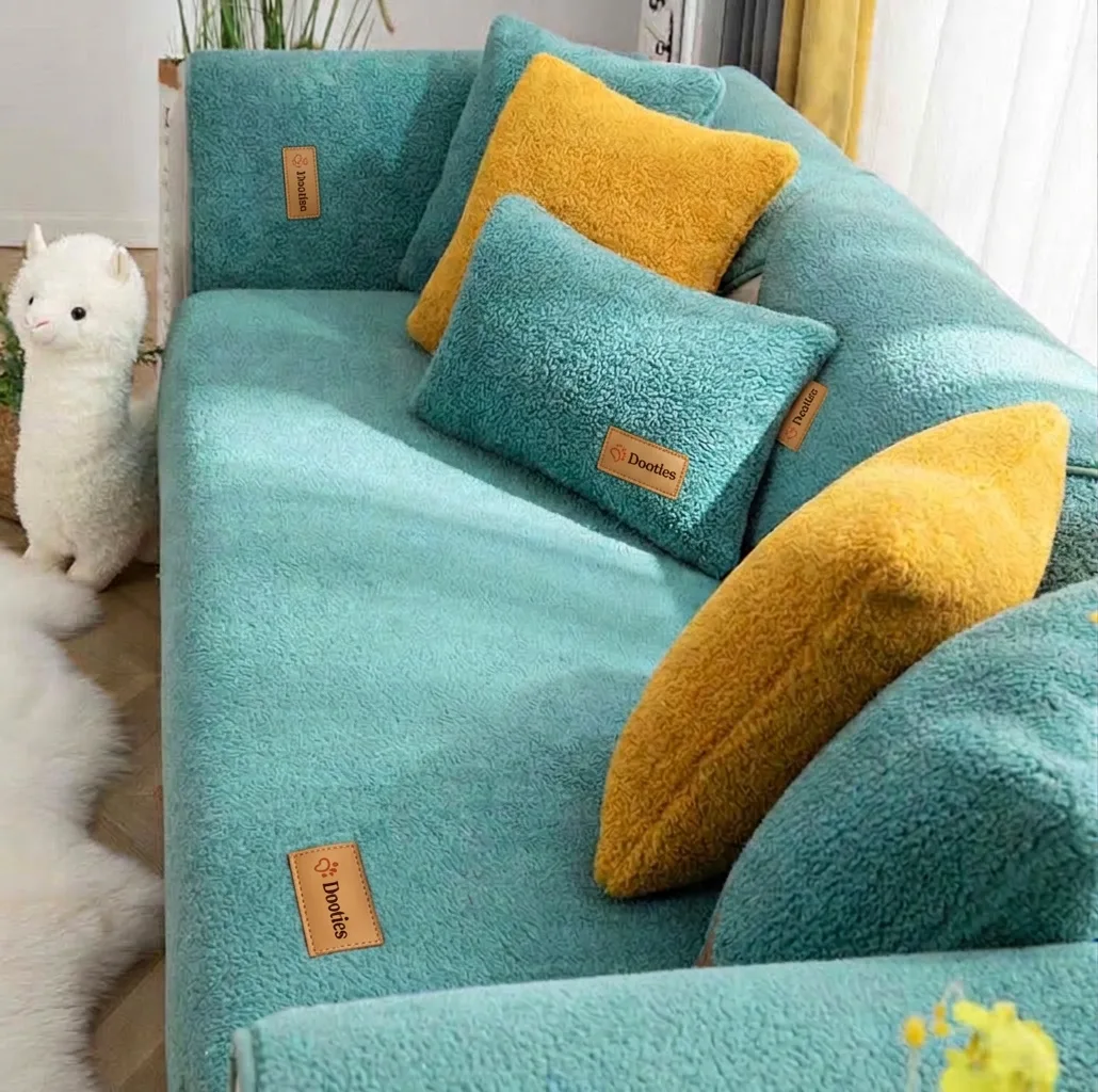 Teal couch cover close-up