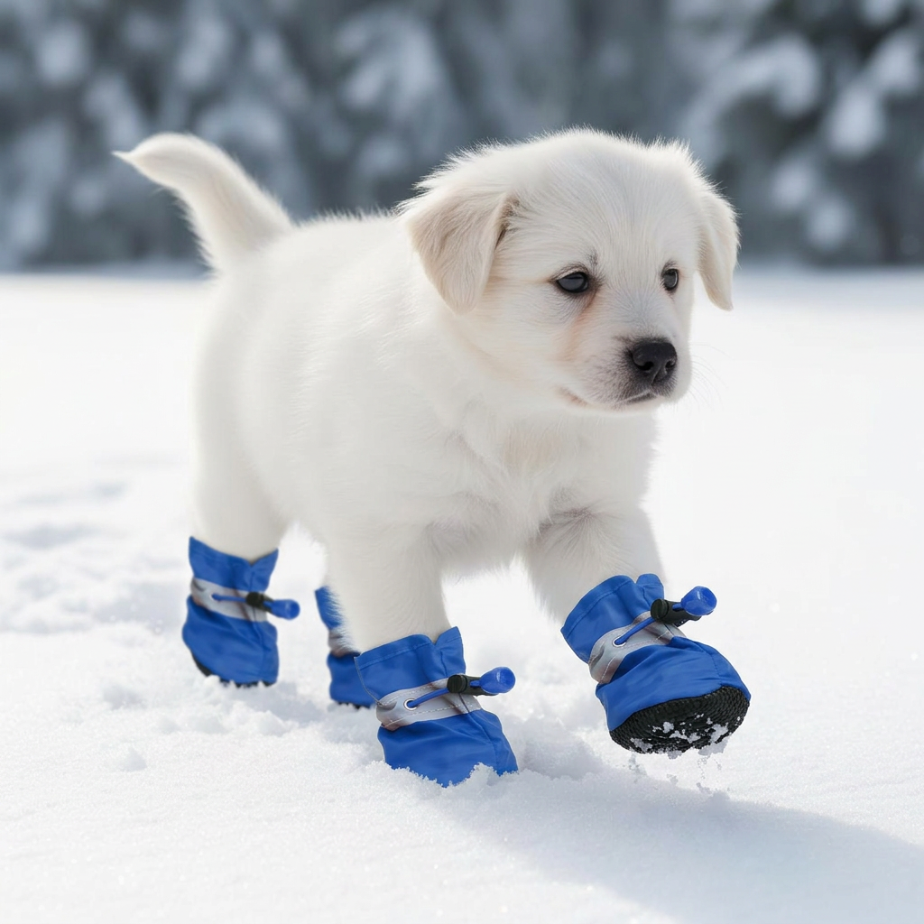 Small dog wearing blue Dooties in snow