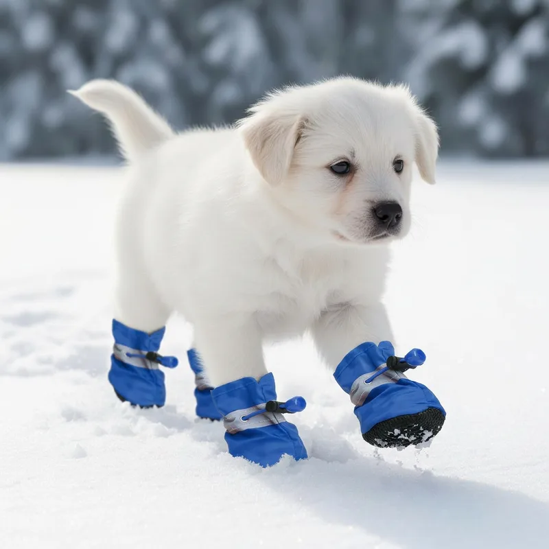 Small dog wearing blue Dooties in snow