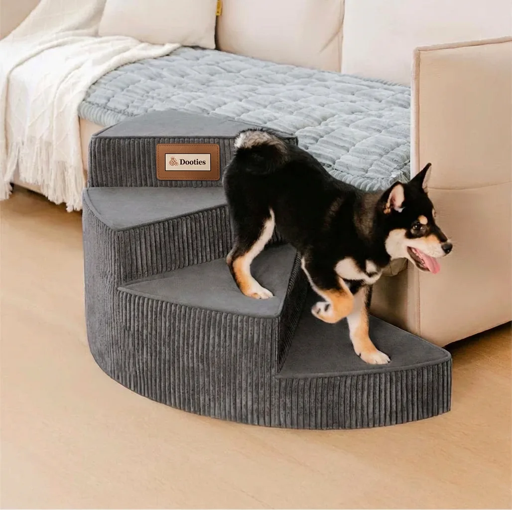 Curved spiral dog stairs in grey next to bed
