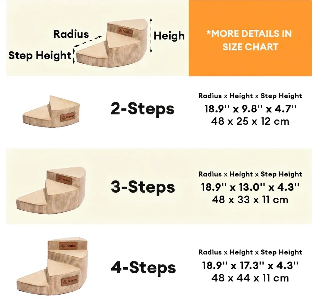 Spiral dog stairs size chart with Dooties logo