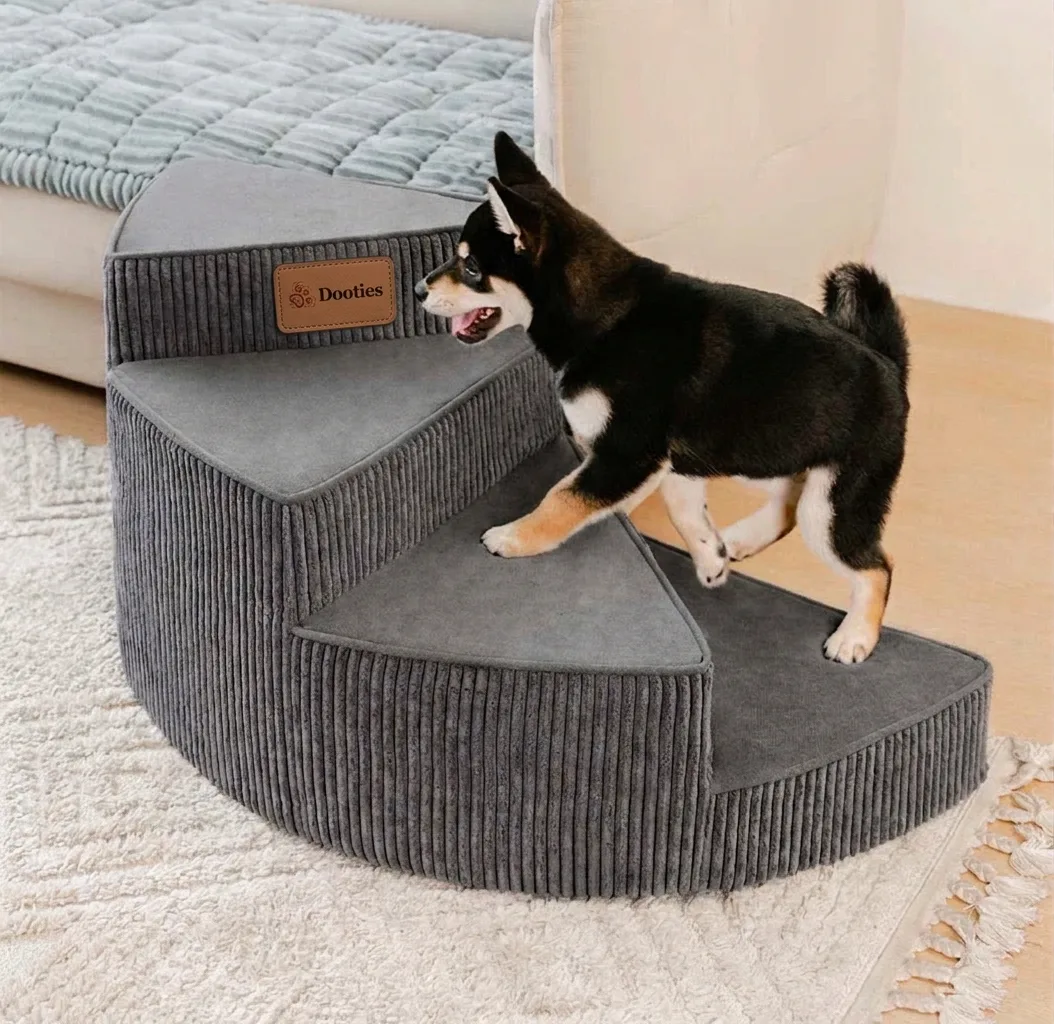 Grey spiral dog stairs with Dooties logo