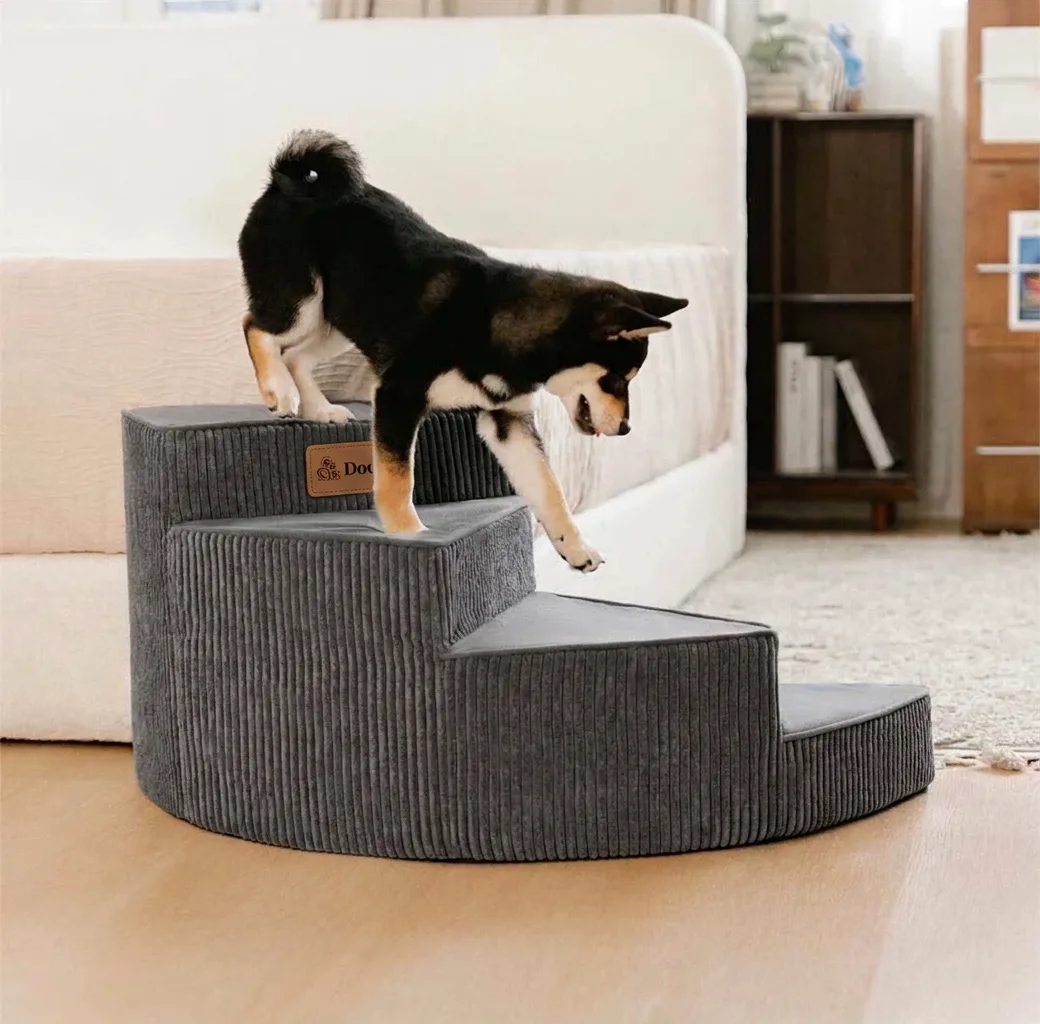 Dog using curved spiral stairs with Dooties logo