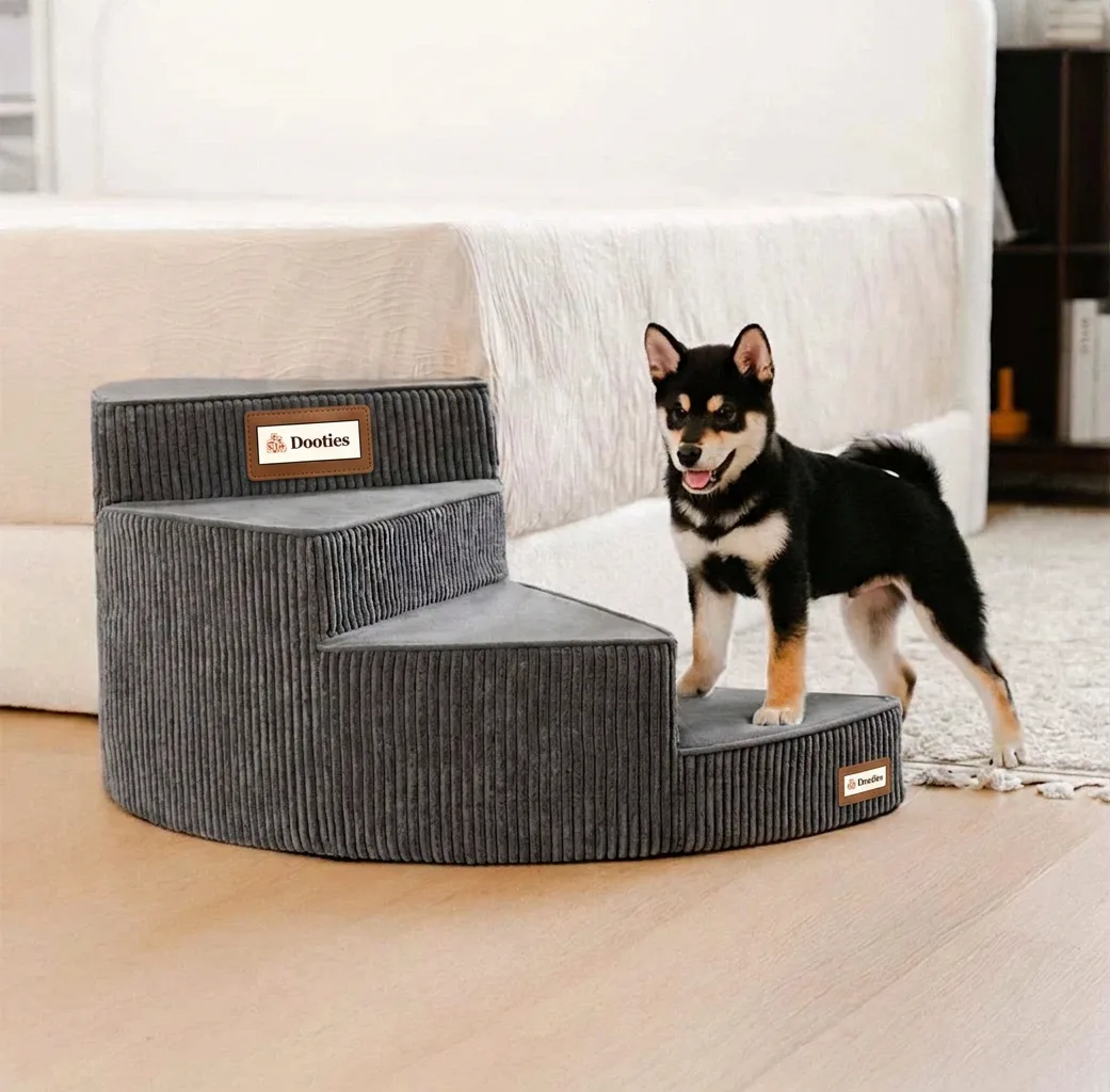 Dog standing beside curved spiral stairs with Dooties logo
