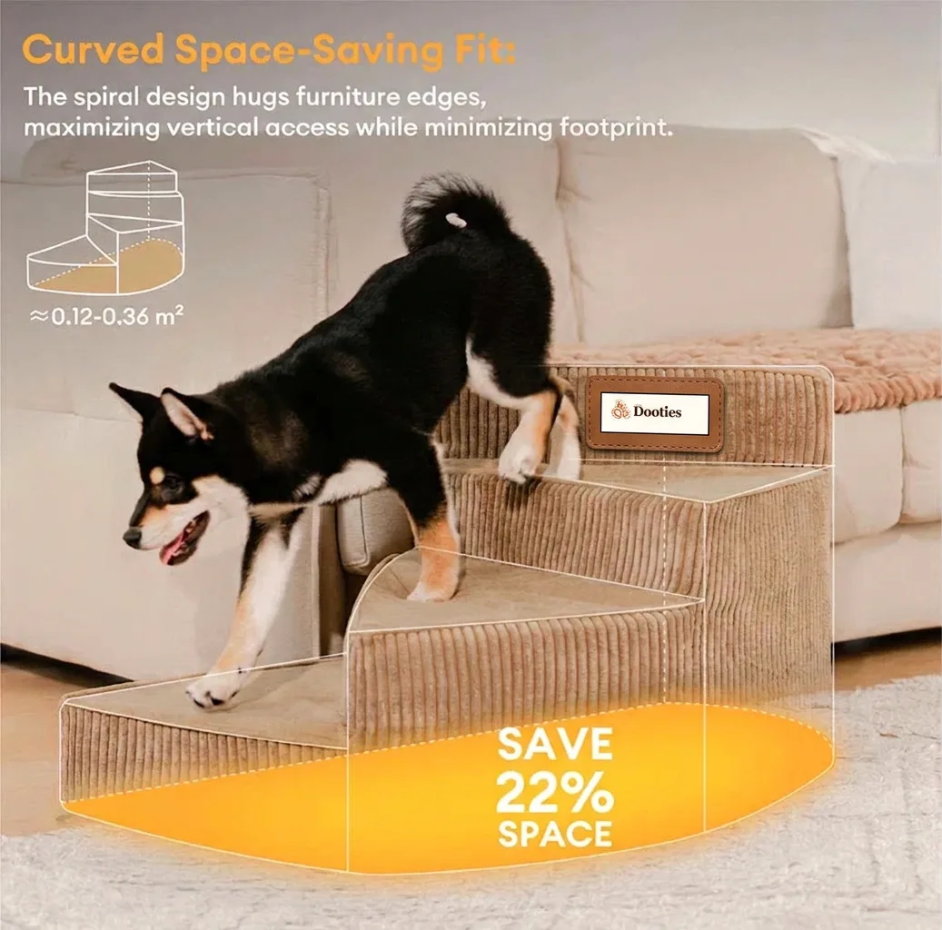 Space-saving spiral dog stairs with Dooties logo